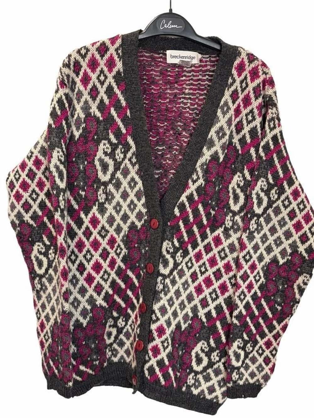 Breckenridge Wool Cardigan Size M Pink Grey Diamond Pattern Sweater Oversized